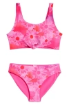 Zella Girl Kids' Tie Front Reversible Two-piece Swimsuit In Pink Flash Hazy Daisies