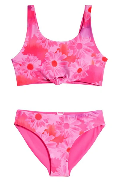 Zella Girl Kids' Tie Front Reversible Two-piece Swimsuit In Pink Flash Hazy Daisies