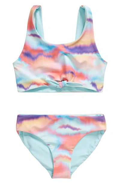 Zella Girl Kids' Tie Front Reversible Two-piece Swimsuit In Teal Retreat Blurred Wave