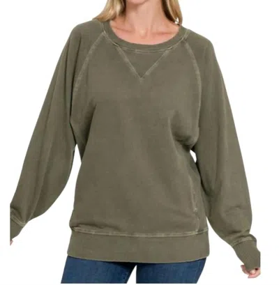 Zenana French Terry Pullover Top In Olive Green