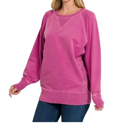 Zenana French Terry Pullover Top In Wine In Pink