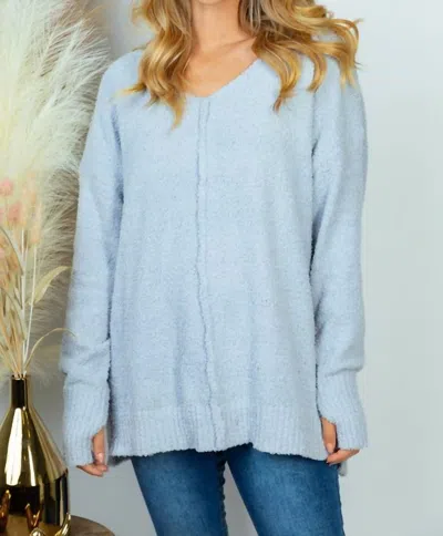 Zenana Long Sleeve Solid Boucle Knit Top Sweater In Blue