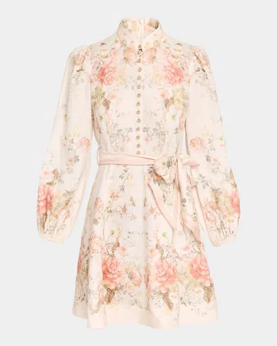 Zimmermann Clash Button Floral Linen Mini Dress In Coral Bloo