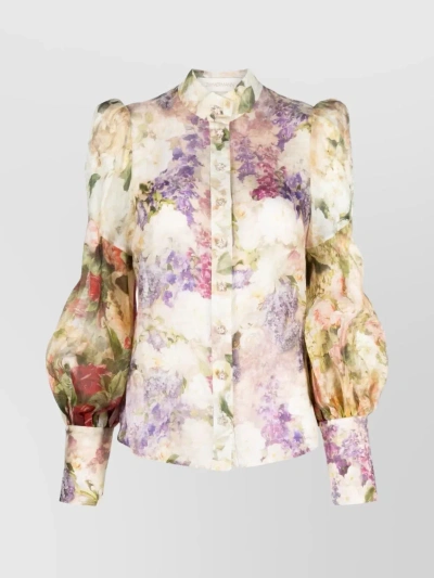 Zimmermann Crystal Button Floral Fusion Blouse In Beige