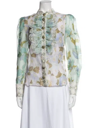 Pre-owned Zimmermann Linen Floral Print Blouse In Blue