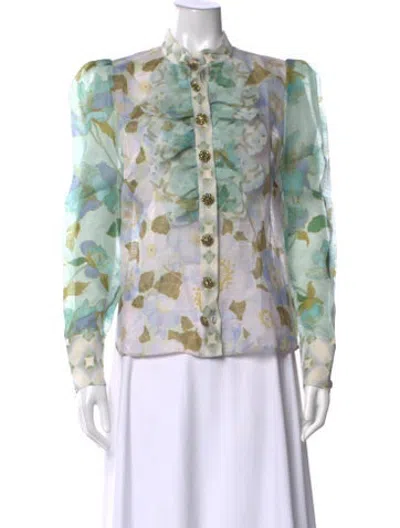Pre-owned Zimmermann Linen Floral Print Blouse In Green