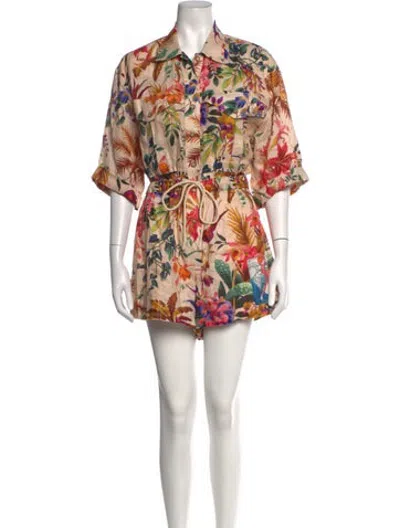 Pre-owned Zimmermann Linen Floral Print Romper In Neutrals