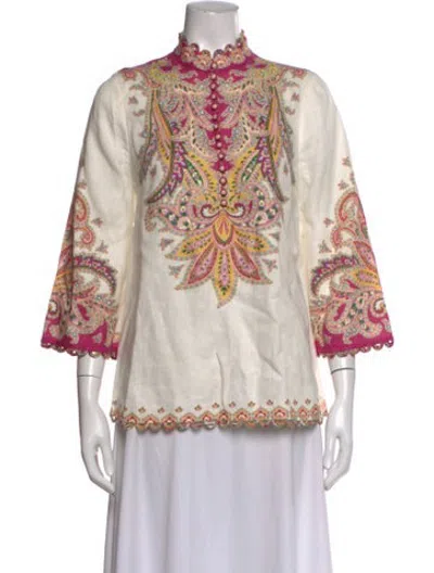 Pre-owned Zimmermann Linen Paisley Print Blouse In White