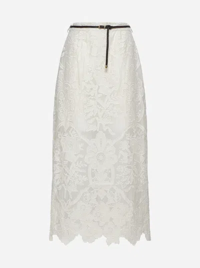 Zimmermann Ottie Embroidered Linen Midi Skirt In Cream