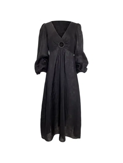 Pre-owned Zimmermann Ring-detail Balloon-sleeve Midi Dress In Black