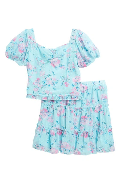 Zunie Kids' Clip-dot Puff Sleeve Top & Skirt Set In Blue