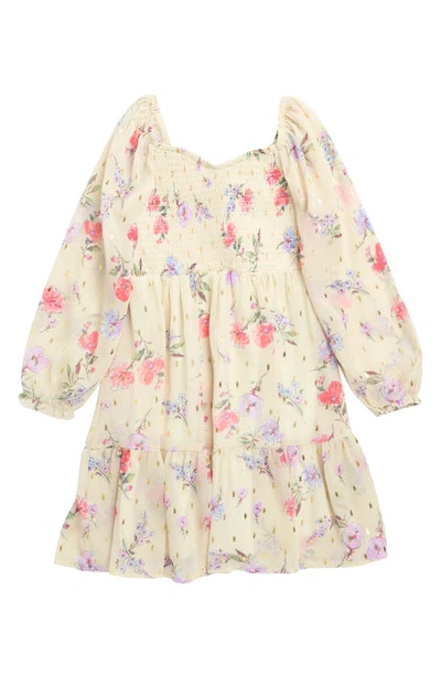 Zunie Kids' Long Sleeve Babydoll Dress In Ivory/ Multi