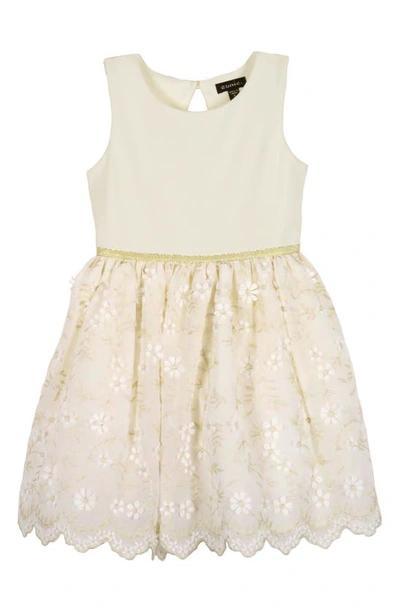 Zunie Kids' Metallic Floral Embroidered Party Dress In Ivory/ Gold