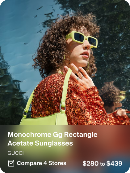 Product card showing Gucci rectangle acetate sunglasses worn by a curly-haired model in red outfit, priced $280 to $439 across 4 stores.