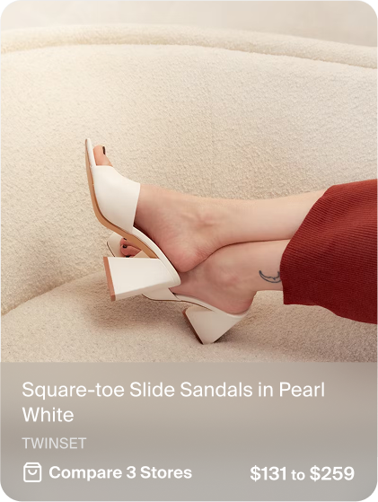 Product card of white square-toe slide sandals by Twinset, price range $131 to $259, available in 3 stores.