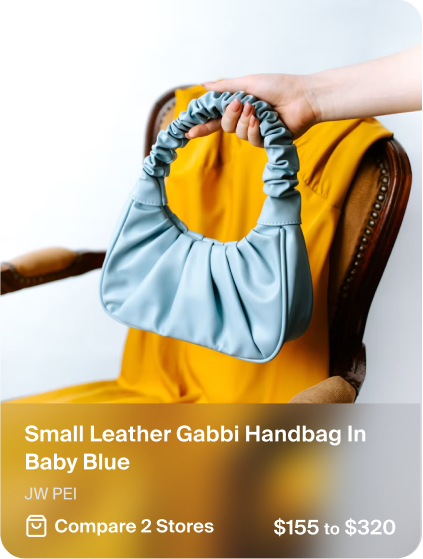 Product card showing a baby blue Gabbi handbag by JW PEI, with price range $155 to $320 and comparison across 2 stores.