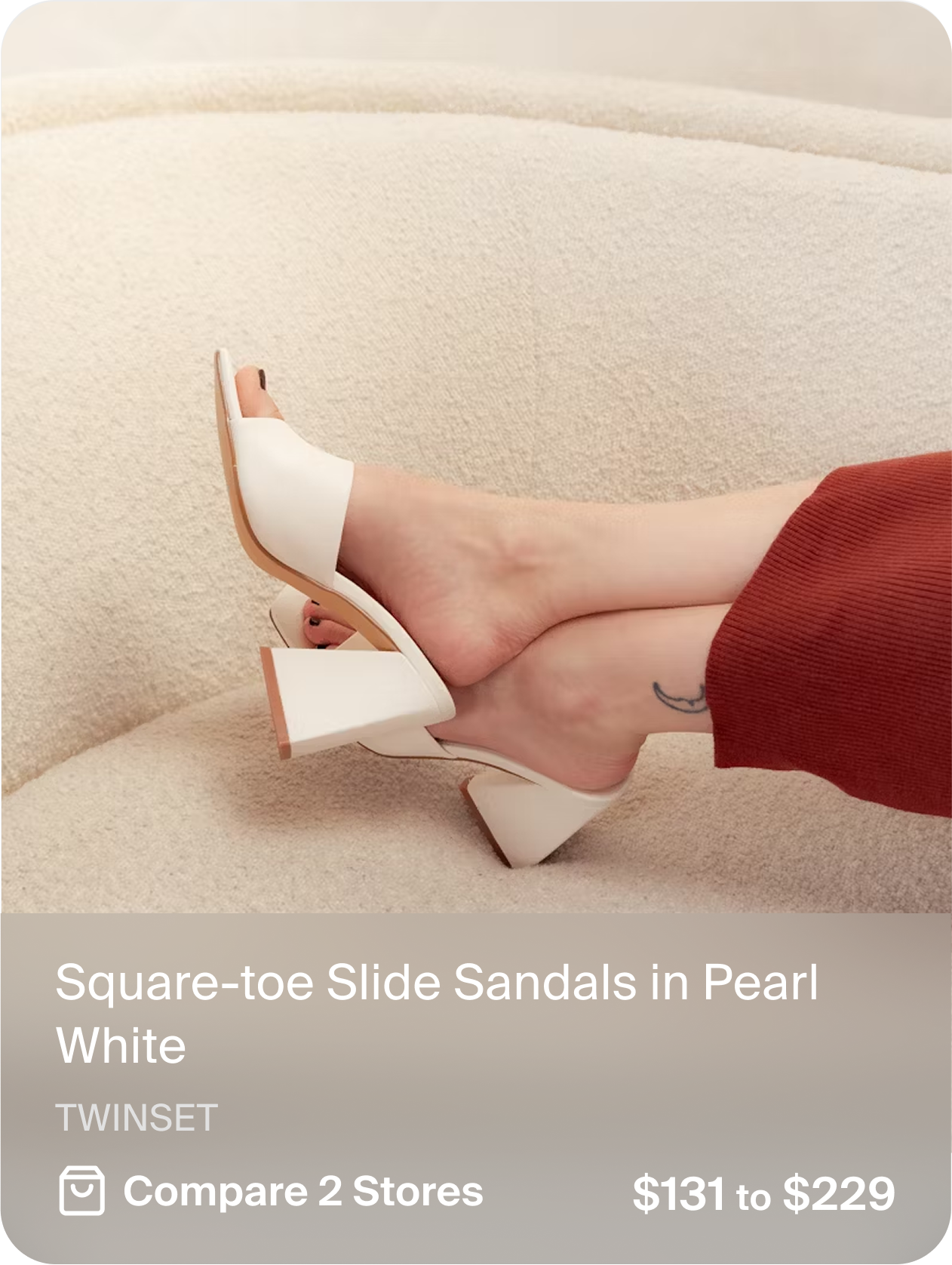 Product card of white square-toe slide sandals by Twinset, price range $131 to $259, available in 3 stores.
