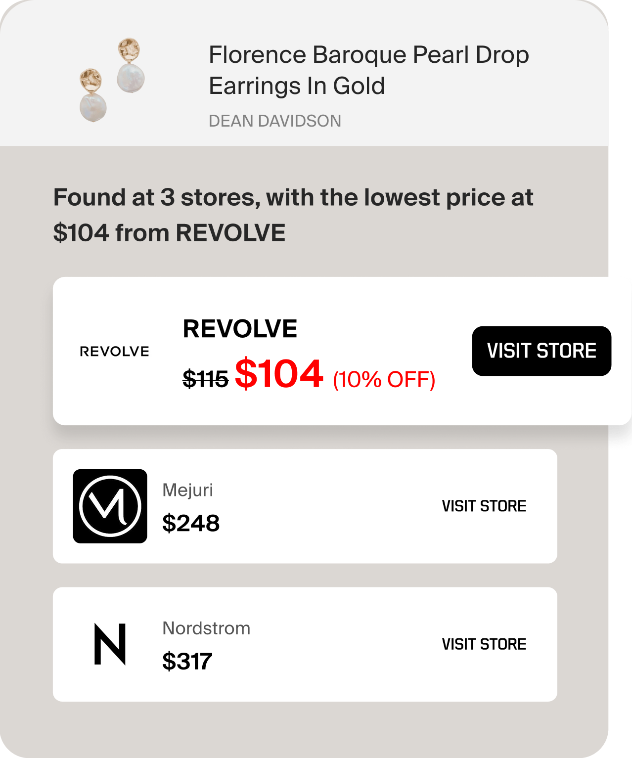 Hover card for pearl drop earrings, lowest price $104 at Revolve (18% off), with options from Mital, 9248, and Nordstrom.