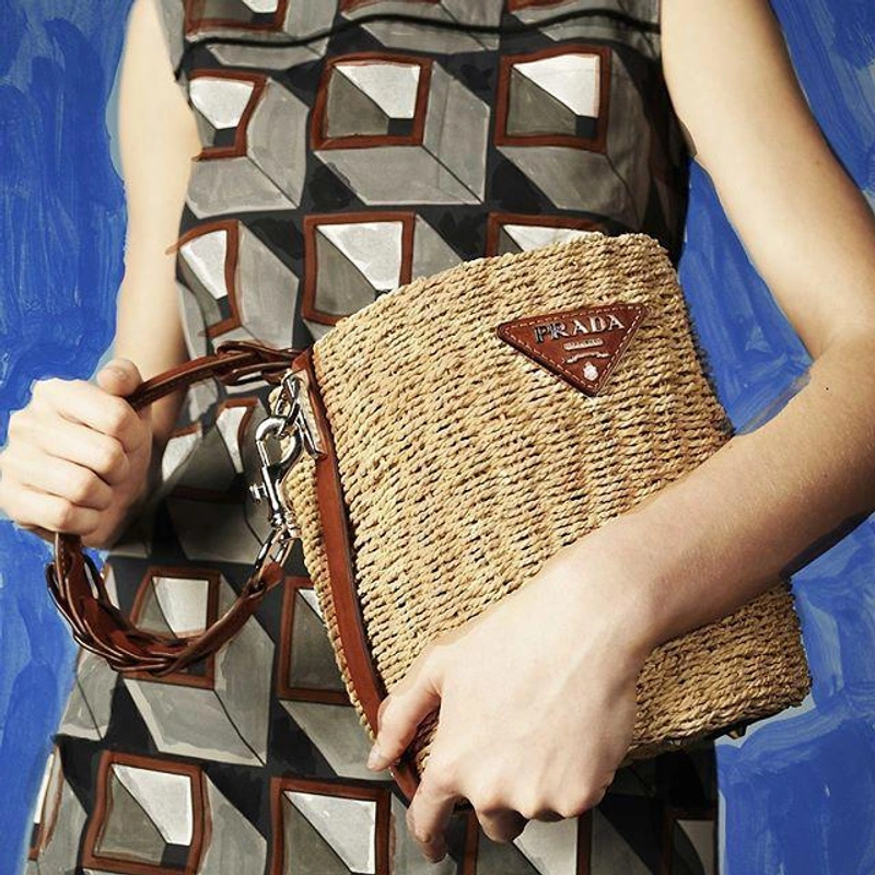 Prada's Posts | Wearing: Prada Braided Raffia Bucket Bag In Beige