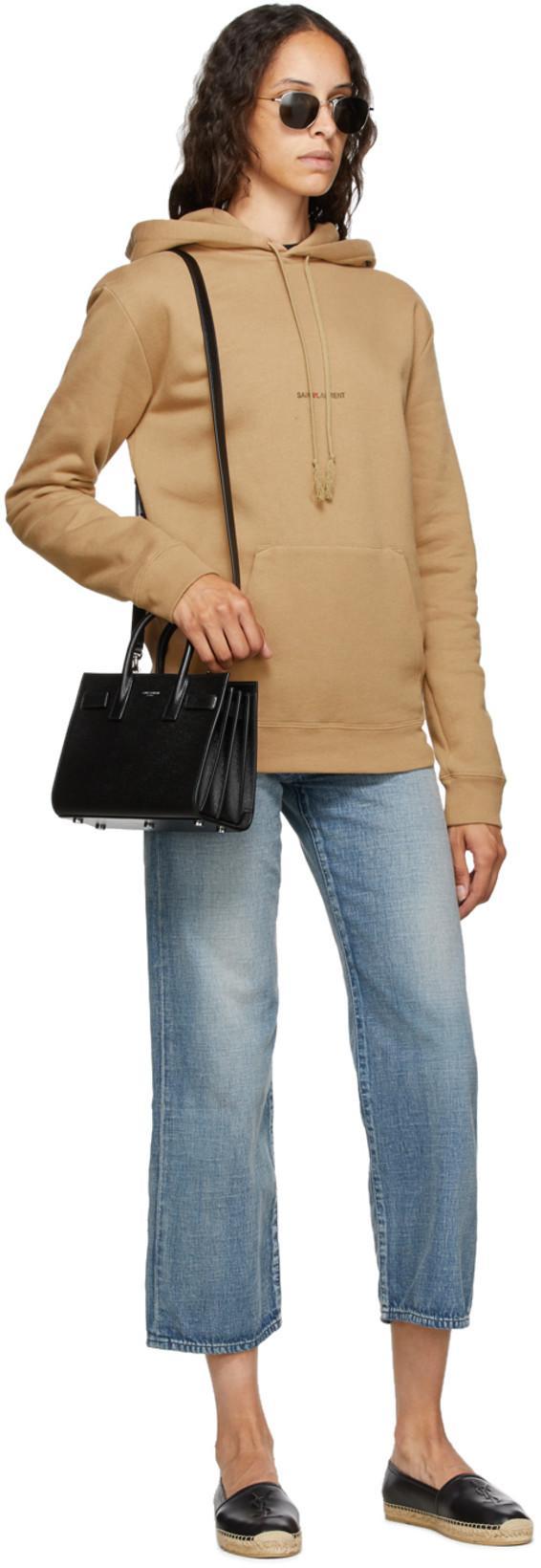 SAINT LAURENT Logo Embossed Calf Leather Flat Espadrilles In Black