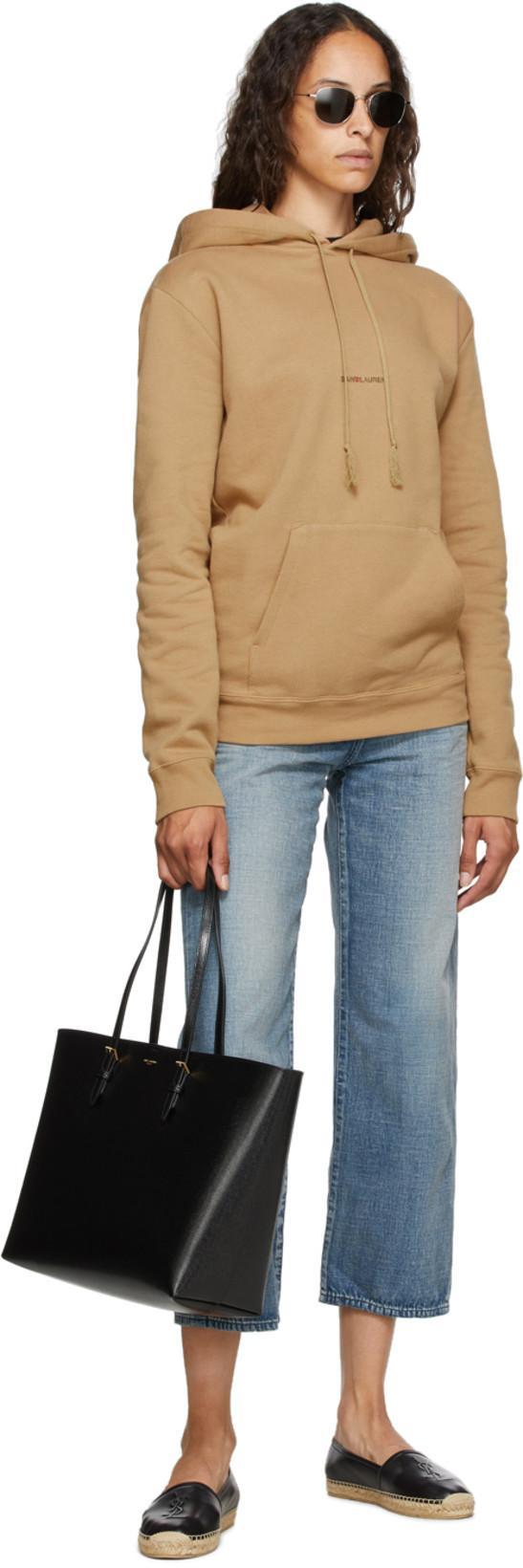 SAINT LAURENT Logo Embossed Calf Leather Flat Espadrilles In Black