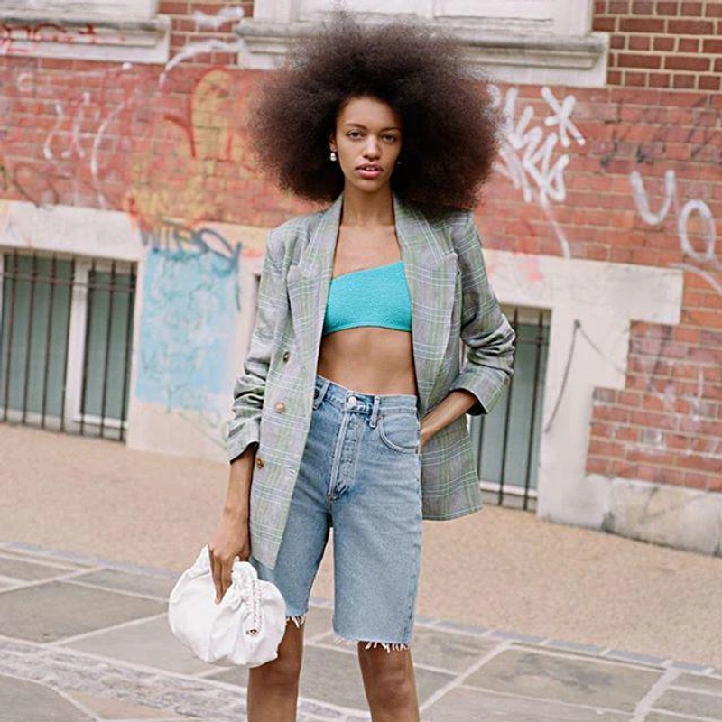 shopbop.com's Posts | Wearing: Bound By Bond-eye Australia The Samira Top In Aruba; Ei8htdreams Milano Linen Plaid Double-breasted Blazer In Green Combo; Agolde Pinch Waist Bermuda Denim Shorts In Oasis