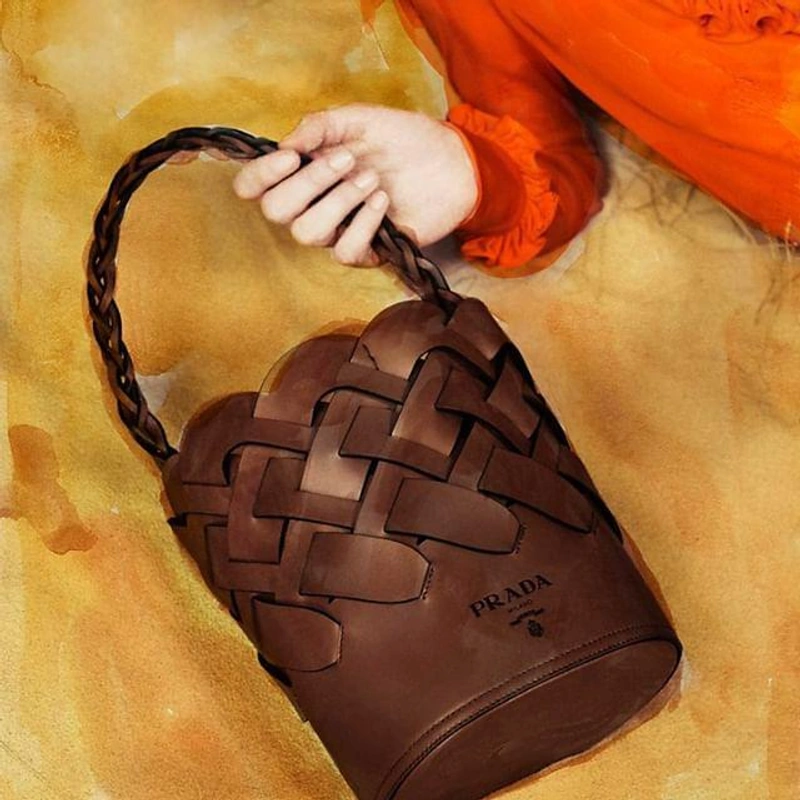 Prada's Posts | Wearing: Prada Woven Leather Bucket Bag In Cognac