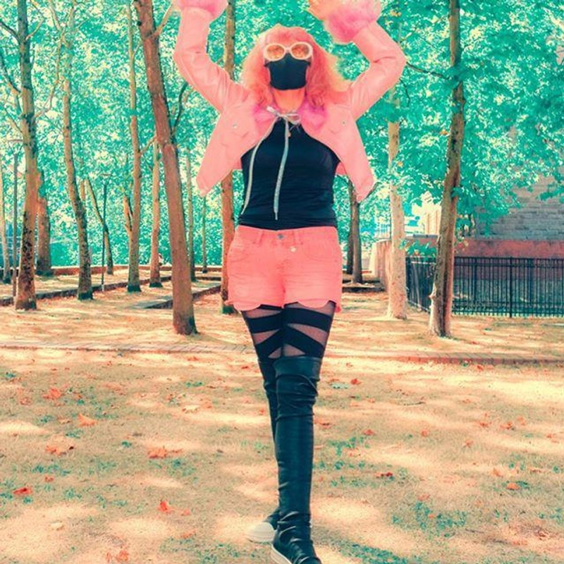 theladykrishna's Post | Wearing: Michael Michael Kors Crinkled Leather Biker Jacket In Pink; Stella Mccartney Faux Leather Shorts In Pink; Rick Owens Over The Knee Stocking Sneaker Boots In Black