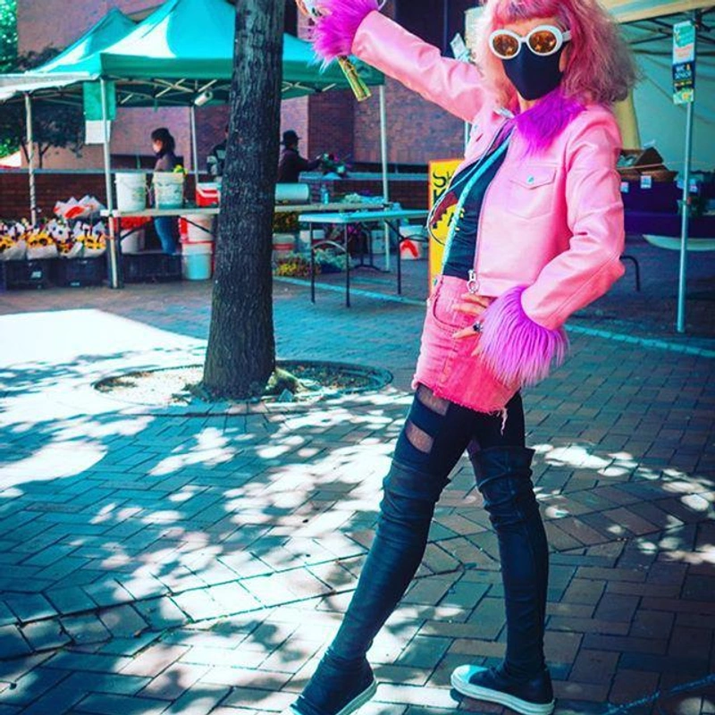 theladykrishna's Post | Wearing: Michael Michael Kors Crinkled Leather Biker Jacket In Pink; Stella Mccartney Faux Leather Shorts In Pink; Rick Owens Over The Knee Stocking Sneaker Boots In Black