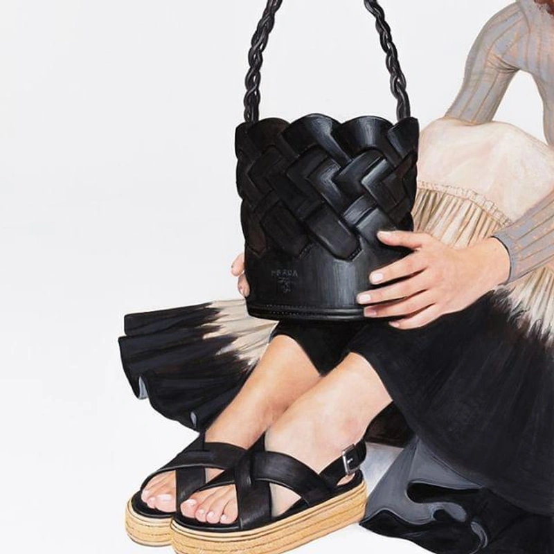 Prada's Posts | Wearing: Prada Vitello Intreccio Bucket Bag In Black
