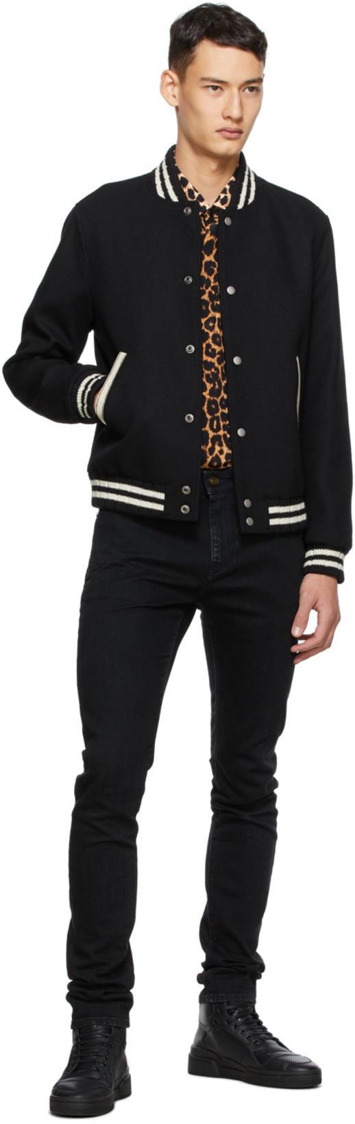 SAINT LAURENT Teddy Logo Patch Wool Blend Bomber Jacket In Noir