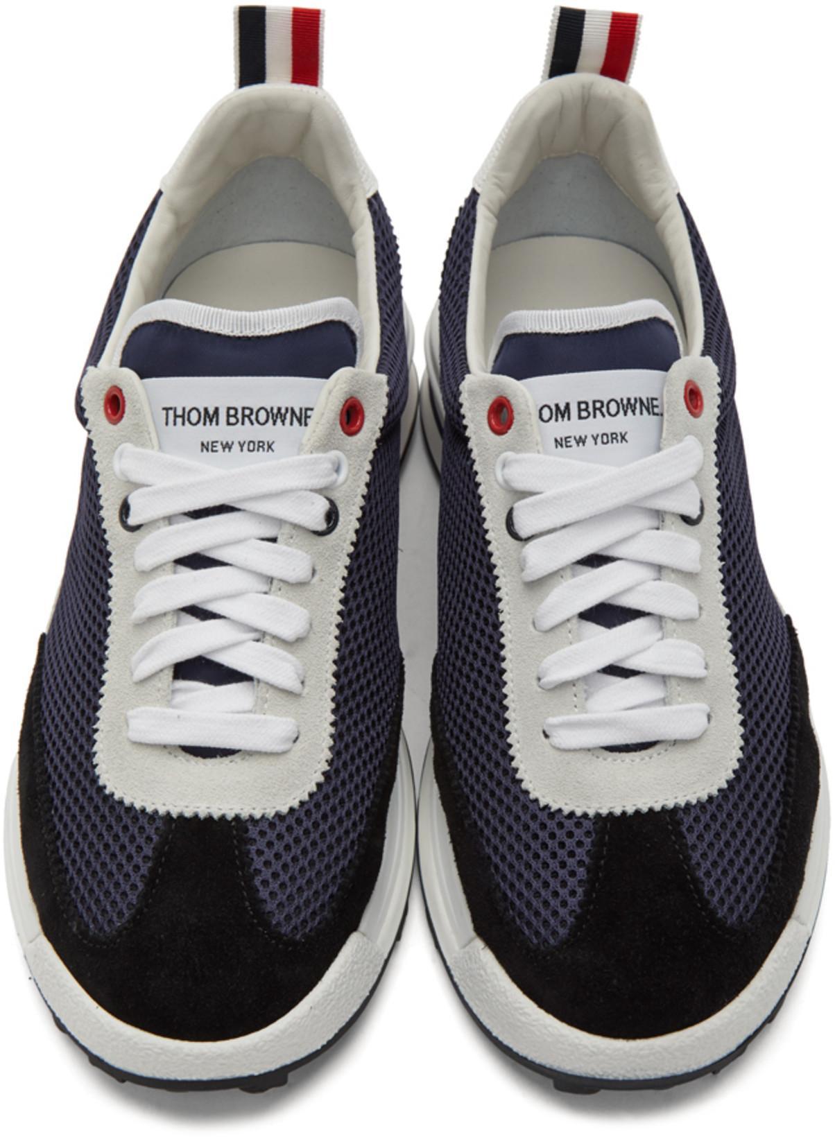 THOM BROWNE Blue Crewneck Sweater With Logo Patch And Rwb Detail In Cotton