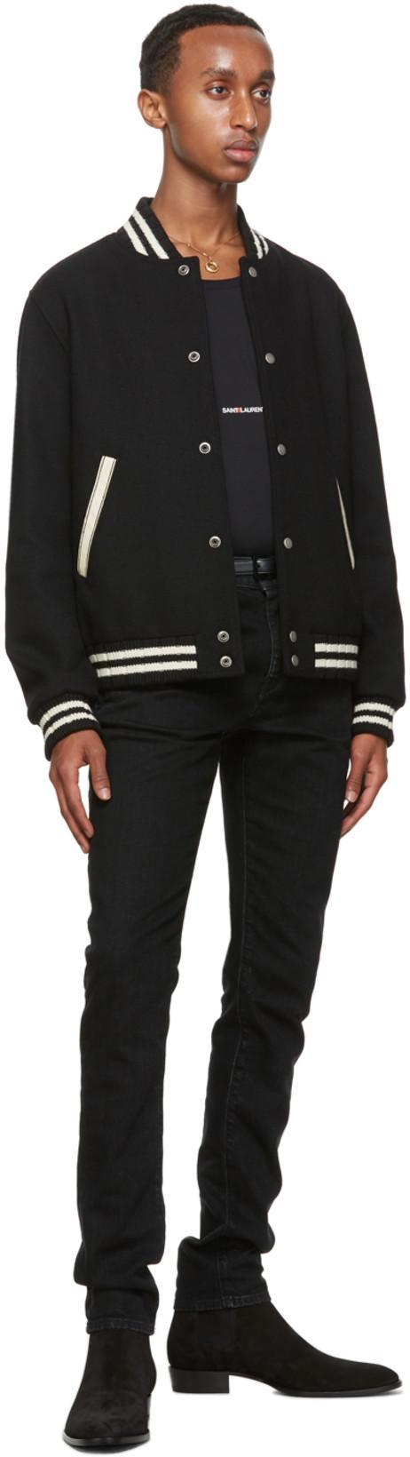 SAINT LAURENT Teddy Logo Patch Wool Blend Bomber Jacket In Noir