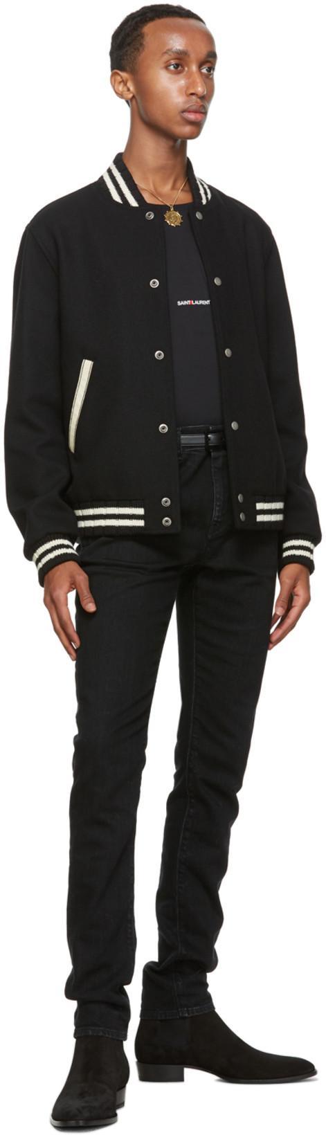 SAINT LAURENT Teddy Logo Patch Wool Blend Bomber Jacket In Noir