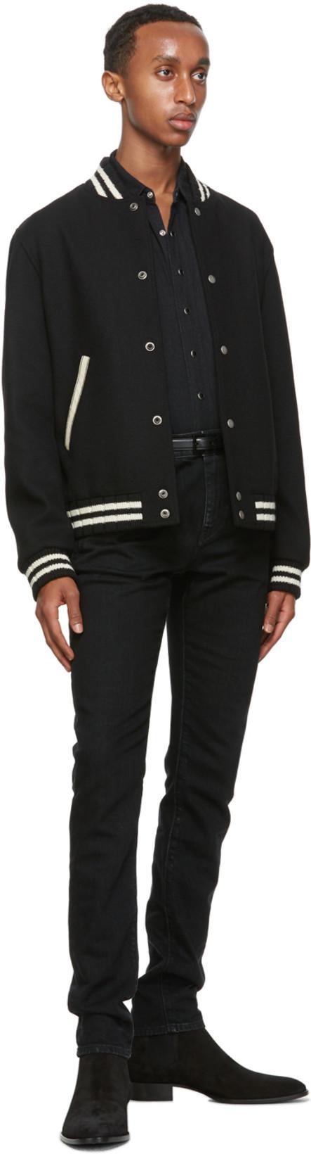 SAINT LAURENT Teddy Logo Patch Wool Blend Bomber Jacket In Noir