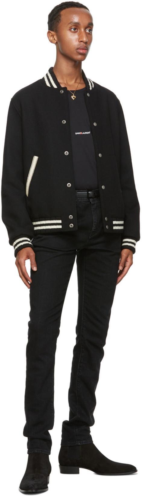 SAINT LAURENT Teddy Logo Patch Wool Blend Bomber Jacket In Noir