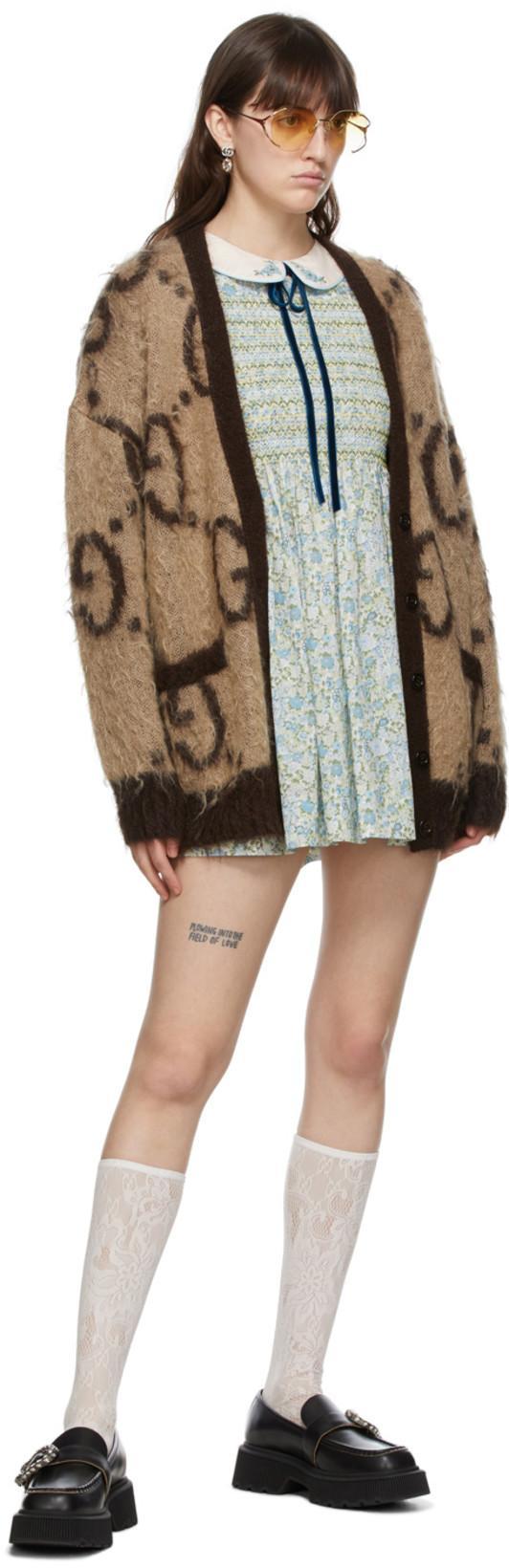 GUCCI Reversible Gg Logo Jacquard Mohair Blend Cardigan In Beige Mix