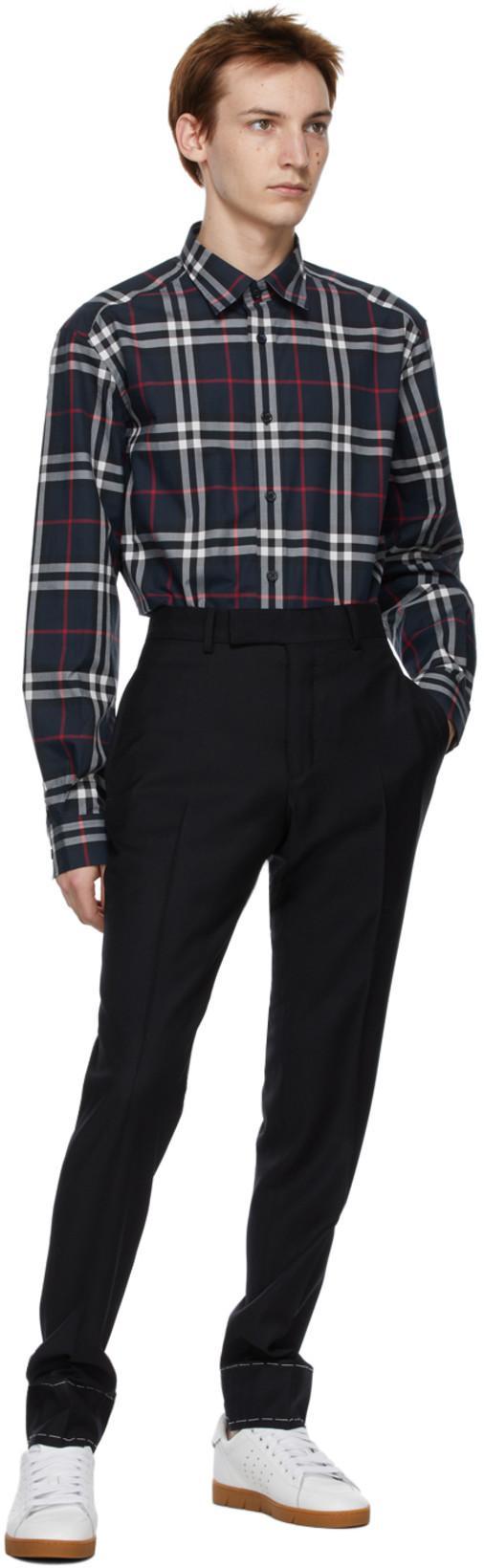 BURBERRY Embroidered Detail Check Cotton Shirt In Navy