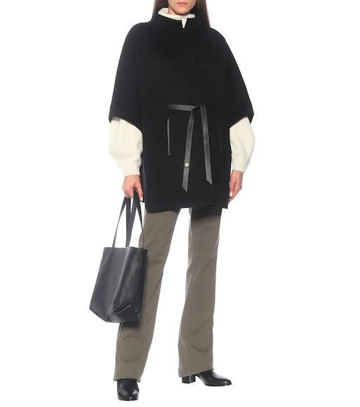 LORO PIANA Belted Leather-trimmed Cashmere Cape In Black