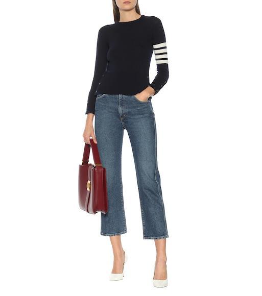 THOM BROWNE Crewneck Wool Sweater With Signature Stripes In Blue