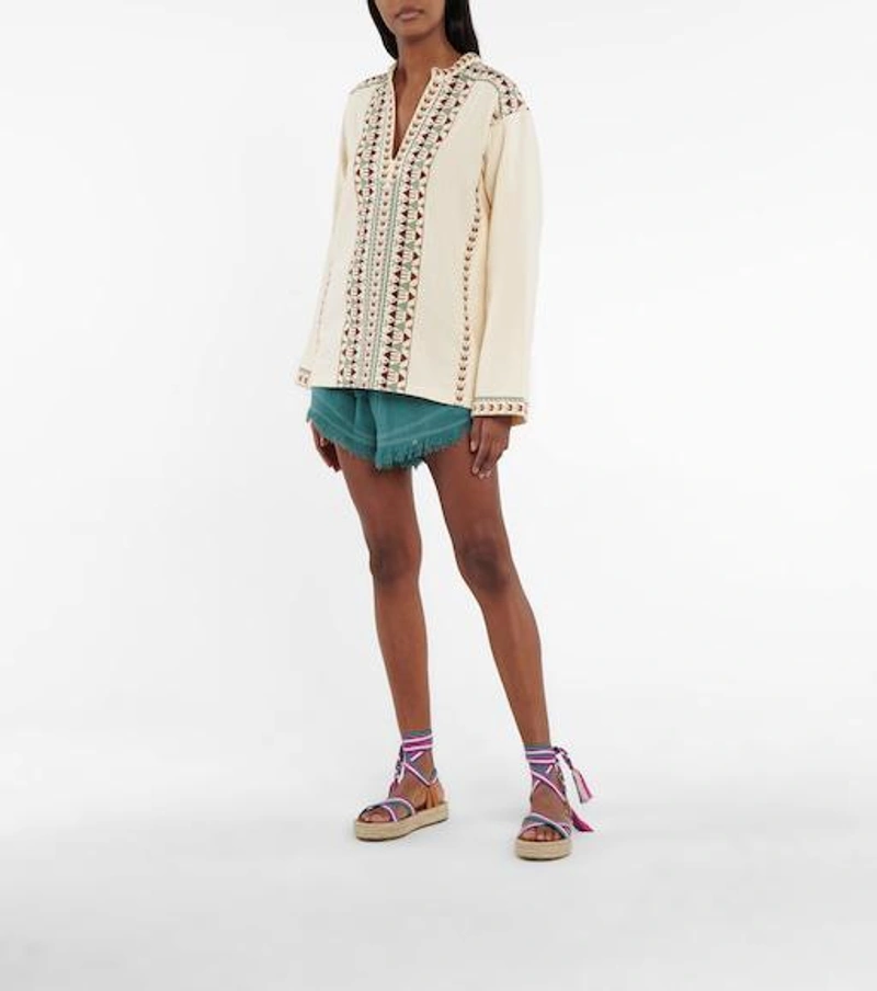 MYTHERESA's Post | Wearing: Isabel Marant Étoile Talapiz High-rise Silk Shorts In Green; Isabel Marant Étoile Ikaria Embroidered Cotton Blouse In Neutrals; Isabel Marant Malay Espadrille Sandals In Multicolor