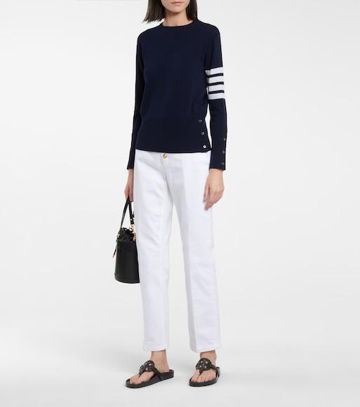 THOM BROWNE Crewneck Wool Sweater With Signature Stripes In Blue