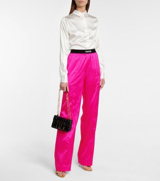 TOM FORD Fuchsia Satin Pants With Logo On Waistband In Stretch Silk Woman In Purple