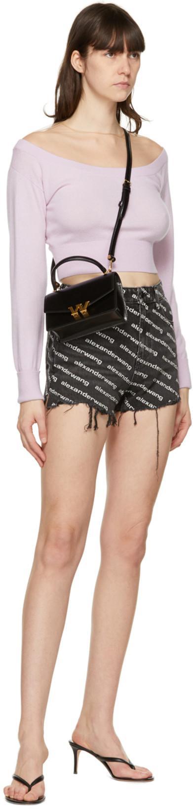 ALEXANDER WANG Omens Grey Aged White Logo-print Bite Denim Shorts In Black
