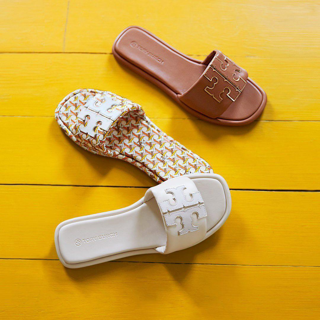 TORY BURCH Double T Sport Slide Sandals In Brown