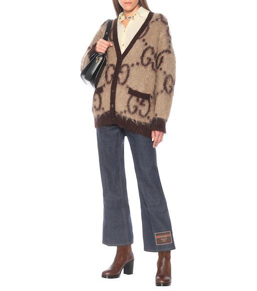 GUCCI Reversible Gg Logo Jacquard Mohair Blend Cardigan In Beige Mix
