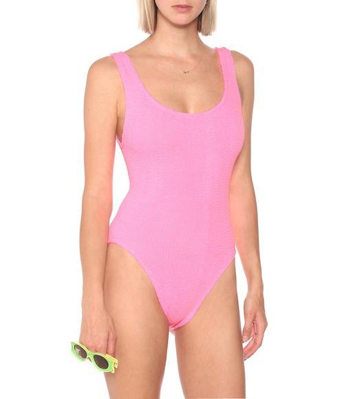 HUNZA G Square Neck Crinkle One Piece Swimsuit In Pink