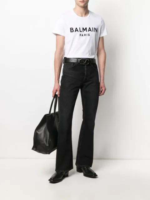BALMAIN White Crewneck T-shirt With Contrasting Logo Lettering Print In Cotton