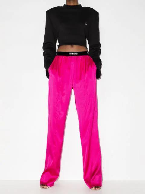 TOM FORD Fuchsia Satin Pants With Logo On Waistband In Stretch Silk Woman In Purple