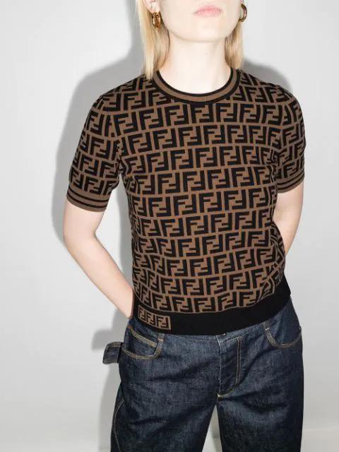 FENDI Women Brown T-shirt With Short Sleeves And All-over Ff Motiv In Cotton Woman In Black
